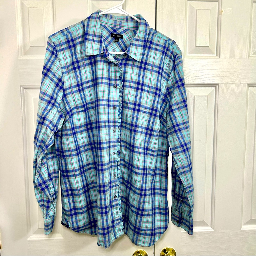 Talbots Blue Plaid Button Down Ruffle Detail 100% Cotton Long Sleeve Top Size XL